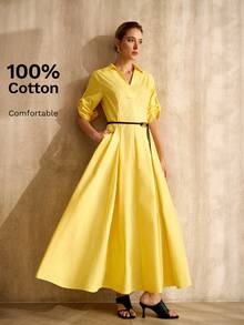 MOTF PREMIUM Damen 100% Baumwolle Kleid mit ausgestelltem Saum und Gürtel, Frühling/Sommer - Gänsegelb - Übersicht 2