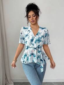 SHEIN Raffinéa Women's Fashion Printed V-Neck Ruffle Hem Cinched Waist Chiffon Blouse - Blue - View 4