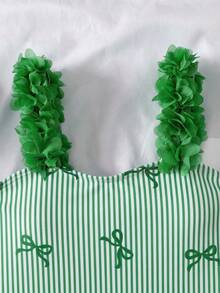 SHEIN 青少年女孩可愛綠色條紋蝴蝶結裝飾連身泳衣，白色夏季度假海灘穿著，泳池派對泳裝 - 綠色 - 查看 4