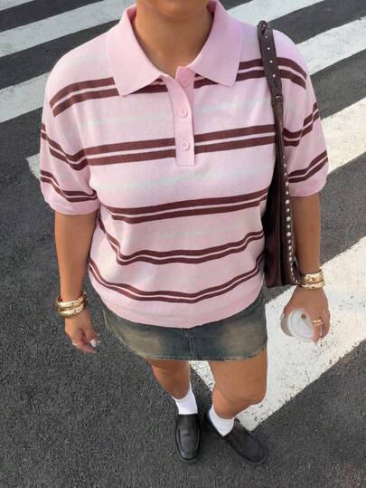 Muchica Plus Size Women Striped Polo Collar Short Sleeve Casual Knit Top