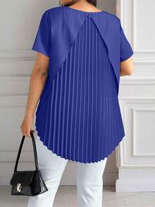 Elenzga Plus Size Women's Solid Color Round Neck Short Sleeve Casual Shirt With Back Pleated Design - Royal Blue - View 4