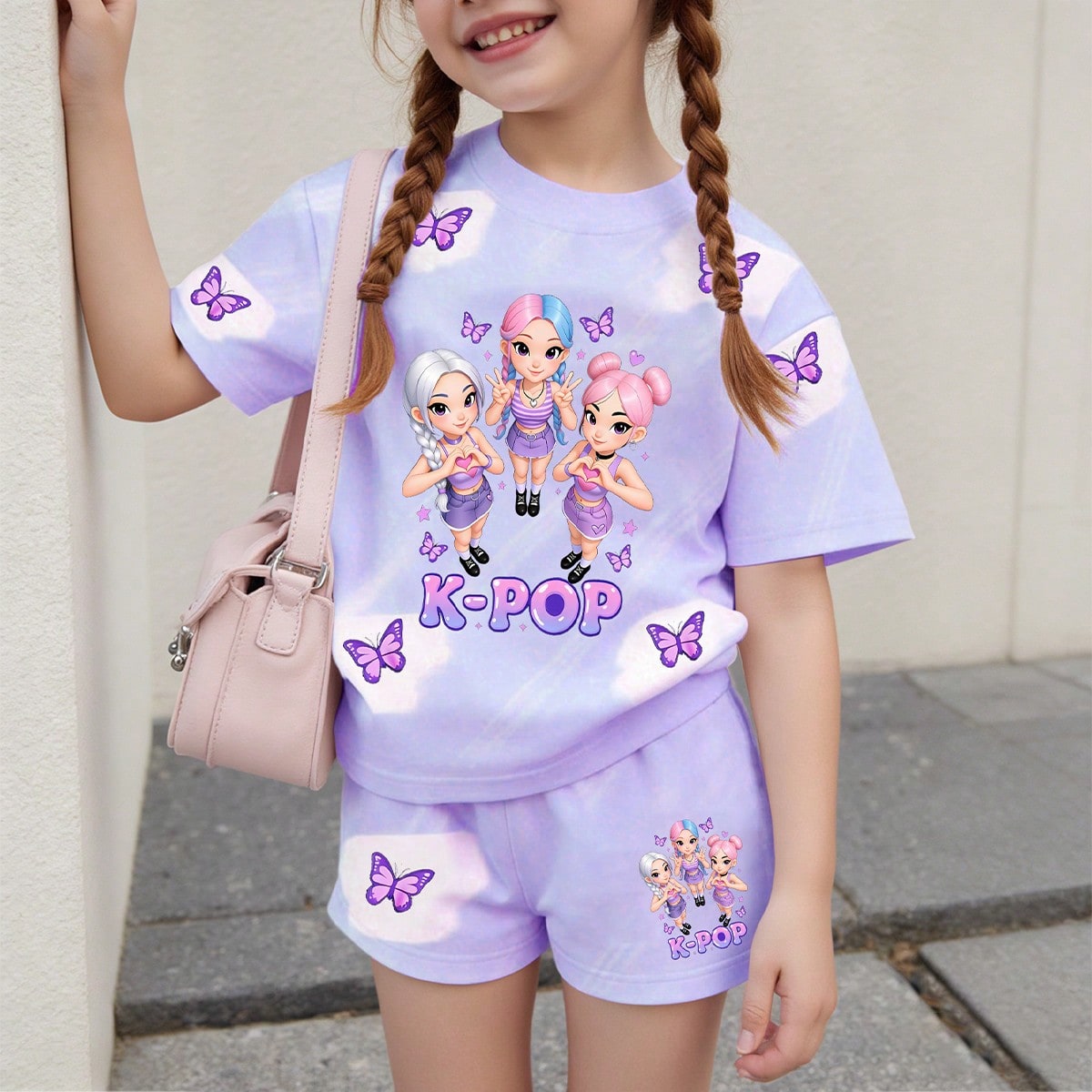 Set de 2 piezas de top de manga corta y shorts con estampado 3D para niña, con imagen de grupo de chicas lindas, logo y decoración de mariposa, esti