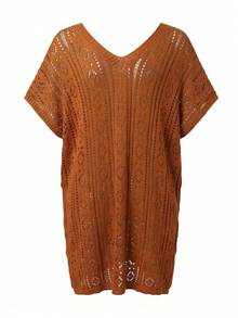 Swim Lushoire Plus Size Women's Summer Beach Vacation Solid Color Open Knit Split Hem Cover-Up Dress - Brown - View 3