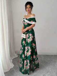 Rafferiza Petite 女款復古花卉印花蕾絲拼接露肩修身洋裝，適合嬌小女性 - 墨綠色 - 查看 5