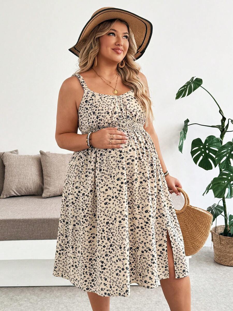 Plussiva Plus Size Maternity Ditsy Floral Casual Sleeveless Dress Photoshoot Formal Black Summer - Khaki - View 1