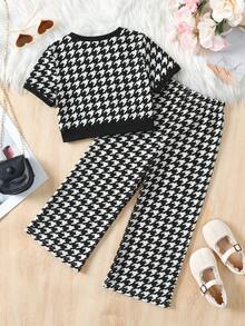 SHEIN Serisse Kids 两件套少女休闲正式优雅返校套装，黑白撞色珍珠纽扣上衣搭配直筒撞色长裤，返校季必备，少女风穿搭 - 黑與白 - 查看 7