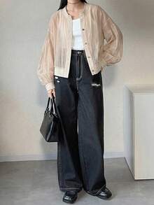 FRIFUL Women's Solid Color Metal Button Decor Loose Casual Versatile Jacket, Spring/Summer - Khaki - View 3