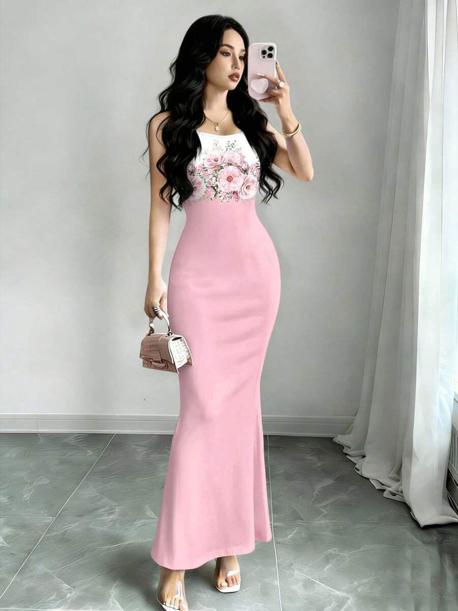 Modelyn 花卉渐变印花吊带连衣裙,女士时尚性感吊带修身长裙,粉色花卉图案紧身鱼尾裙,夏季吊带连衣裙,适合日常穿着和夏季度假 - 彩色 - 查看 1
