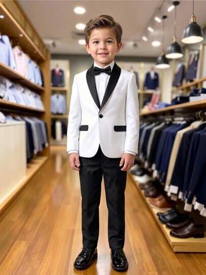 SHEIN Bộ vest nam cổ bẻ phối màu tương phản dành cho bé trai, áo khoác và quần tây.