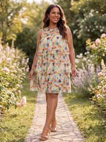 Vestido mini curvilíneo de talla grande ELLERISSA para mujer, vestido de gasa con volantes de cuello redondo sin mangas con estampado floral multicolor, vestido casual de primavera y verano para fiestas y vacaciones, vestidos de talla grande para mujer, vestido mini con volantes florales - Multicolor - Ver 1