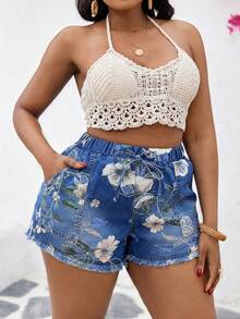 Slaydiva Plus Size Women Floral Pattern Tie Waist Casual Denim Shorts Jorts - Multicolor - View 6