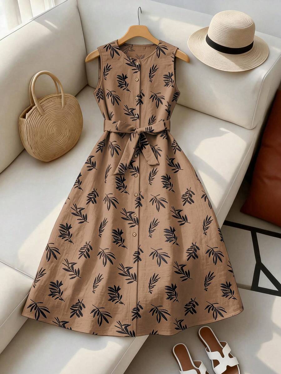 SHEIN Franclia 女款夏季時尚休閒印花腰帶無袖洋裝