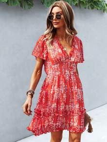 Breezaya Robe à imprimé floral marguerite avec bordure en laitue, tenue de vacances à la plage pour femmes - Rouge - Voir 7