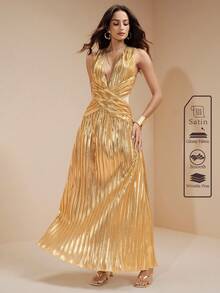 SHEIN Unity Women's White Summer Seductive Sexy Tropical Cocktail Maxi Dress Deep V Neck Cross Twist Cutout Metallic Satin Pleated Elegant Luxury Evening Party - Yellow - View 3