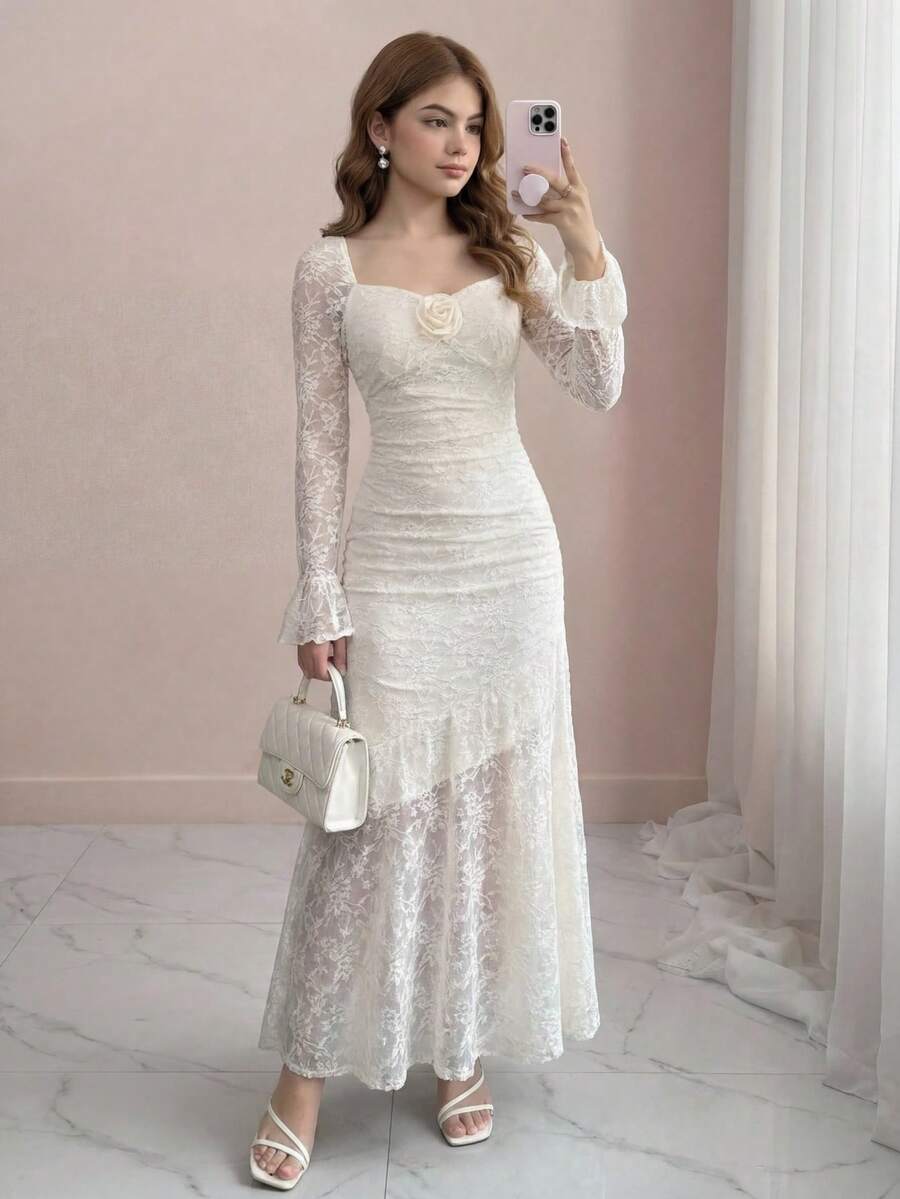 Pitira Pitira 少女复古提花针织花卉印花修身鱼尾连衣裙,适合婚礼、伴娘、毕业典礼等场合,优雅花卉提花长袖拼接荷叶边下摆设计白色蕾丝婚纱,长袖蕾丝婚纱,优雅白色连衣裙婚纱,蕾丝婚纱 - 杏色 - 查看 1
