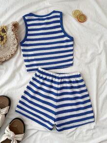 Bộ 2 món cho bé gái tuổi teen, gồm áo croptop dệt kim màu xanh navy và trắng, thích hợp mặc hàng ngày, đi biển, ăn trưa và dự tiệc. - Màu xanh hải quân - Xem 2