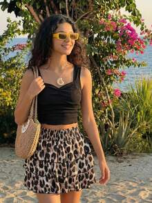 SHEIN Conjunto de top ajustado de cuello cuadrado con nudo delantero de punto blanco y falda midi acampanada de estampado de leopardo para adolescentes, estilo casual de verano y vacaciones - Multicolor - Ver 5