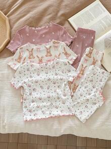 SHEIN 6pcs/Set Baby Girl Cute Short Sleeve Top And Pants Homewear Set - Multicolor - View 2