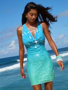 Opulessa 春夏度假风串珠露背吊带迷你连衣裙（女款） - 藍色 - 查看 4