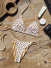 Swim Mod Bộ bikini hai mảnh buộc cổ màu nâu caramel và trắng kẻ sọc, thích hợp cho kỳ nghỉ hè/xuân ở bãi biển. - Nhiều màu - Xem 2