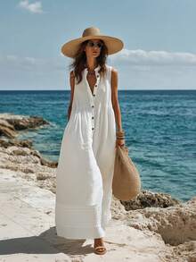 Breezaya 女士休闲白色立领半开襟纽扣无袖连衣裙，适合海滩度假 - 白色 - 查看 4