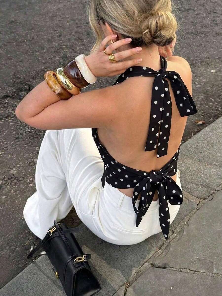 Pariaura Áo hai dây cổ yếm chấm bi đen trắng dáng ngắn, không tay, kiểu dáng công sở tối giản, đi nghỉ mát, hàng mới về năm 2026 dành cho nữ, có chi tiết nơ buộc. - Đen và trắng - Xem 1