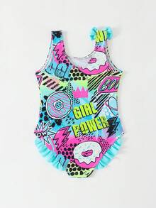 SHEIN 女童連身泳衣，字母印花塗鴉風愛心甜甜圈設計，淺藍色荷葉邊下擺蝴蝶結裝飾，快乾泳裝，適合夏季海灘 - 彩色 - 查看 2