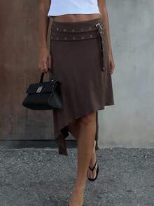 Aloruh Women's Spring/Summer New Solid Brown Y2K Asymmetric Double-Layer Waist Belt Skirt, Suitable For Outings, Music Festivals - Brown - View 3