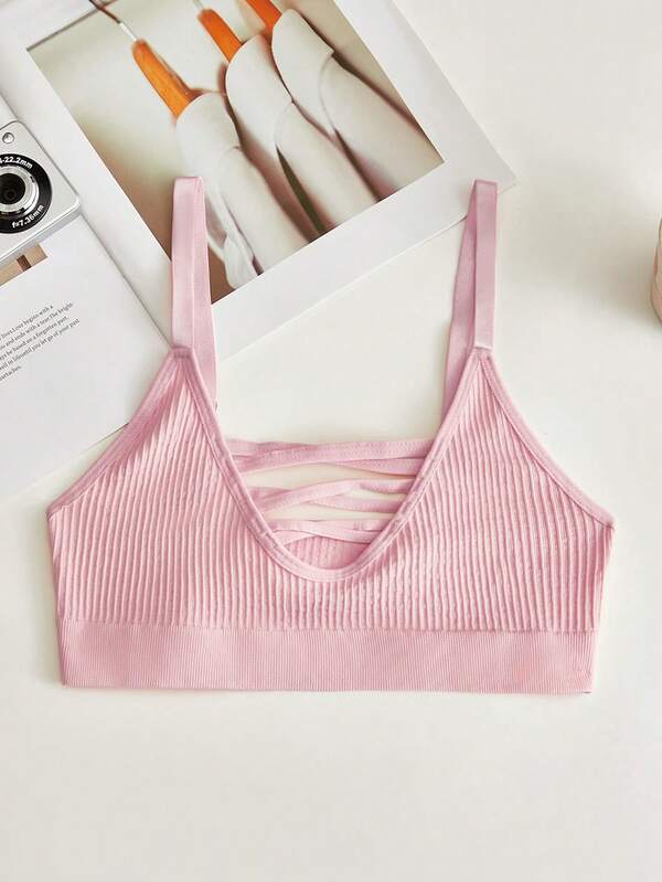 Peach Pink Seamless Camisole Bra For Women, Wireless Spaghetti Strap