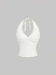 SHEIN MOD Áo hai dây cổ yếm đơn sắc tối giản dành cho nữ, thích hợp mặc hàng ngày. - trắng - Xem 3