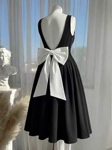 SHEIN MOD Đầm midi dáng chữ A hở lưng thắt nơ màu đen dành cho nữ cỡ lớn, thích hợp cho đám cưới, hẹn hò, ngày Valentine. - Đen và trắng - Xem 2