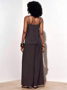 Zivah Summer New Casual Basic Vacation Beach Ruffle Strap Top And Wide Leg Pants Women 2 Pieces Set - A - Brown - View 2