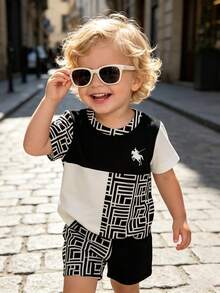 Set di maglietta a maniche corte con scollo rotondo a quadri bianchi e neri e pantaloncini casual marroni per bambini, adatto per estate, casa, all'aperto, sport, scuola - Multicolore - Visualizzare 9