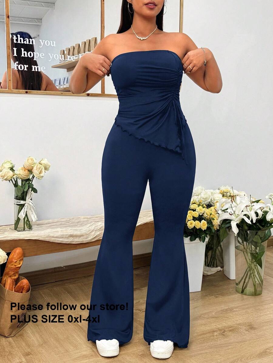 Solflare 2pcs Plus Size Navy Blue Cropped Top And Flare Jeans Set, Spring/Summer - Navy Blue - View 1