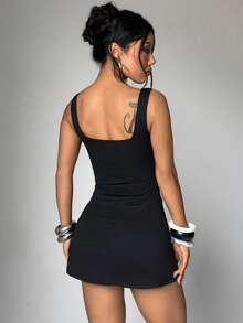 EgrlEra Women's Solid Color Lace Patchwork Fitted Backless Sleeveless Mini Dress - Black - View 2
