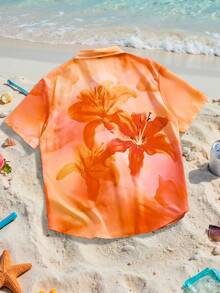 EASEVO Plus Size Men's Summer Vacation Beach Floral Print Front Button Short Sleeve Shirt - Orange - View 6