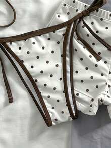 Swim Mod Bộ 3 món gồm áo bikini buộc dây cổ và quần bikini buộc dây bên hông in họa tiết chấm bi thời trang dành cho nữ, thích hợp cho kỳ nghỉ hè ở bãi biển. - Màu be - Xem 5