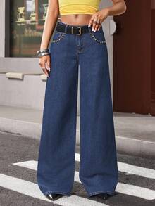 Jeanoix Rivet Decor Navy Blue Leather Belt Low Waist Wide Leg Jeans Everyday Summer Casual - Blue - View 6
