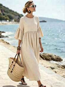 Breezaya Zanzea Women's Summer White Boho Beach Holiday,Holiday V-Neck Bow Sleeveless A-Line Waist Cinched Dress Elegant Casual Party Streetwear - Khaki - View 1