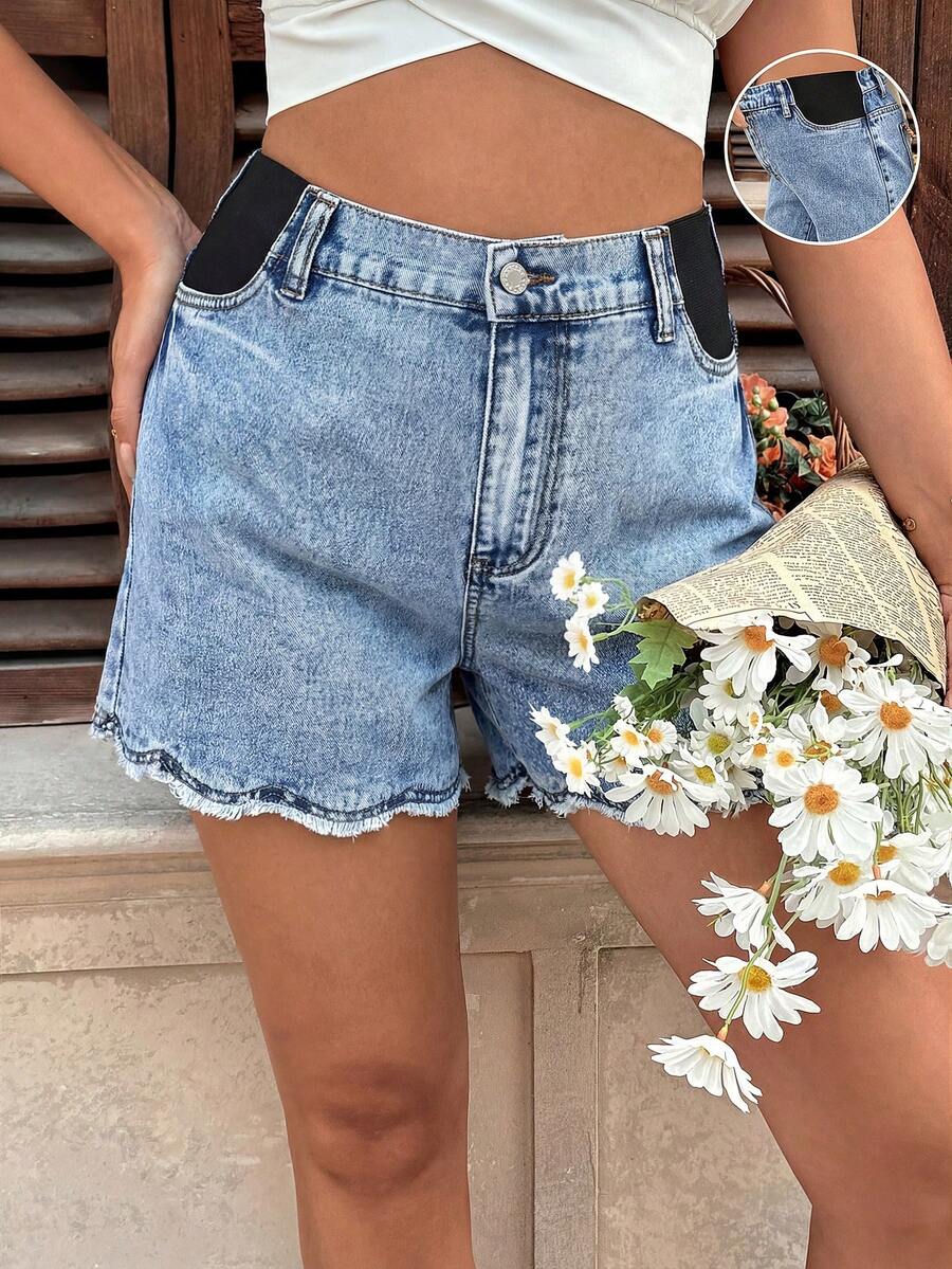 SHEIN Quần short denim dáng rộng, rách gấu, thích hợp cho bà bầu mùa hè, đi nghỉ mát và đi làm. - Màu xanh lam - Xem 1