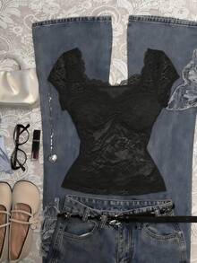 Glimmora 夏季女士休闲蕾丝短袖衬衫 - 黑色 - 查看 3