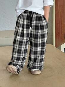 男童抽绳腰格子口袋休闲百搭日常裤 - 黑色 - 查看 4