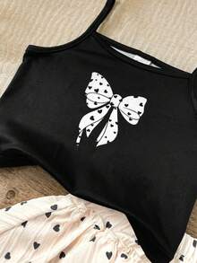 SHEIN 2件套女婴针织纯色蝴蝶结印花吊带背心和梭织短裤套装 - 彩色 - 查看 4