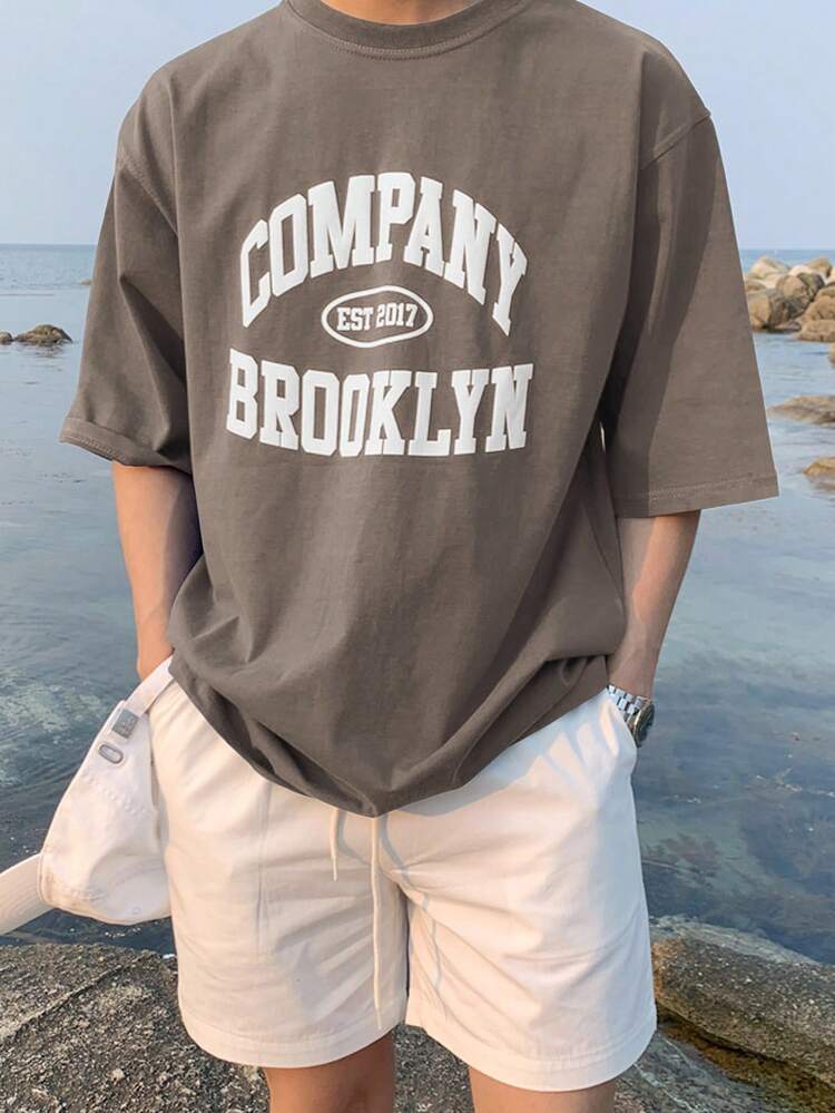 Men's Letter Print Drop Shoulder Short Sleeve Oversized T-Shirt,Fall Clothes