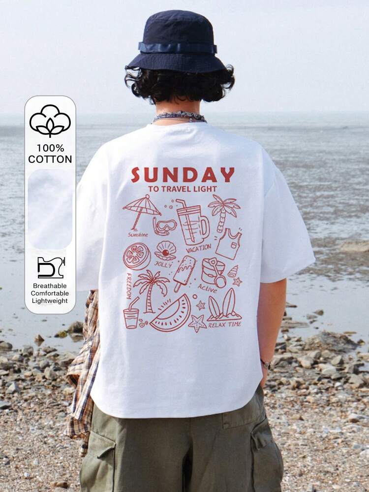 Men's Letter Print White Loose Fit Crew Neck T-Shirt, Summer