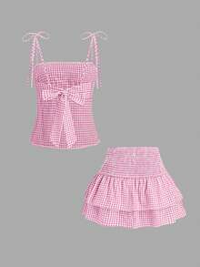 Sweetra 春夏女士碎花格纹吊带背心和荷叶边迷你裙两件套，休闲浪漫度假装 - 粉色 - 查看 2