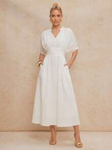 Lumalex Đầm dài đến mắt cá chân xòe rộng, tay lửng, chất liệu 100% cotton, thoải mái, có túi, dành cho nữ. - trắng - Xem 14