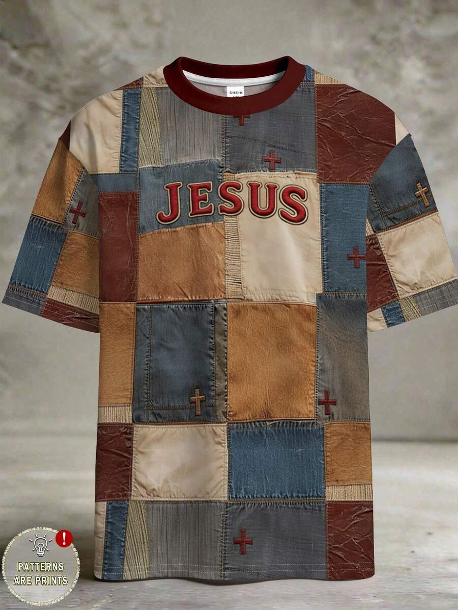 Camiseta de Manga Curta com Gola Redonda Casual, Confortável e Minimalista para Meninos Pré-Adolescentes, Tecido Clássico e Fresco com Estampa Gráfica em Retalhos, Estampa Clássica em Padrão de Cruz, Estilo Y2K - Multicolorido - Visão 1