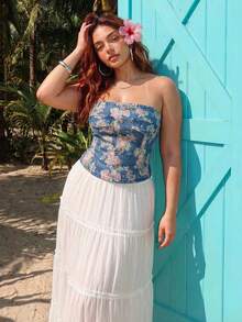 ROMWE Fairycore Summer Outfits Plus Size Floral Print Denim Camisole Top, Backless Design - Medium Wash - View 2