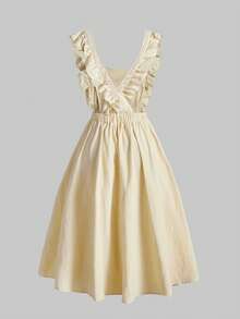 ROMWE Fairycore Spring/Summer Plus Size Floral Embroidery Pastoral Dress - Apricot - View 4